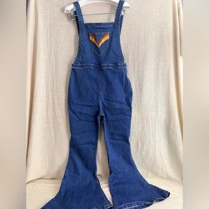 Nine Lives Bazaar Poise Flare Leg Denim Overalls with 70s Inspired Embroidery